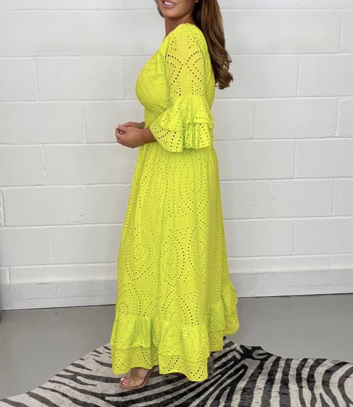 Embroidery Frill Sleeve Midi Dress