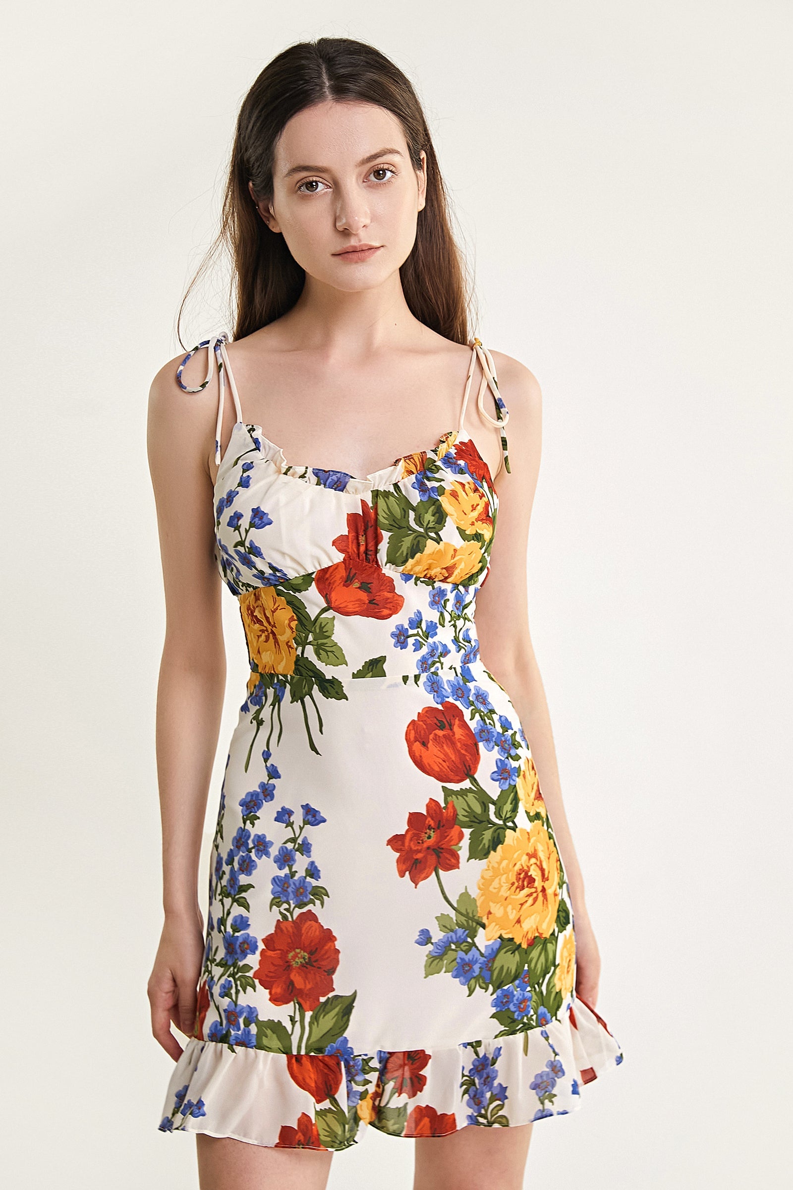 Ivory Floral Print Tie Strap Ruffled Hem Mini Dress