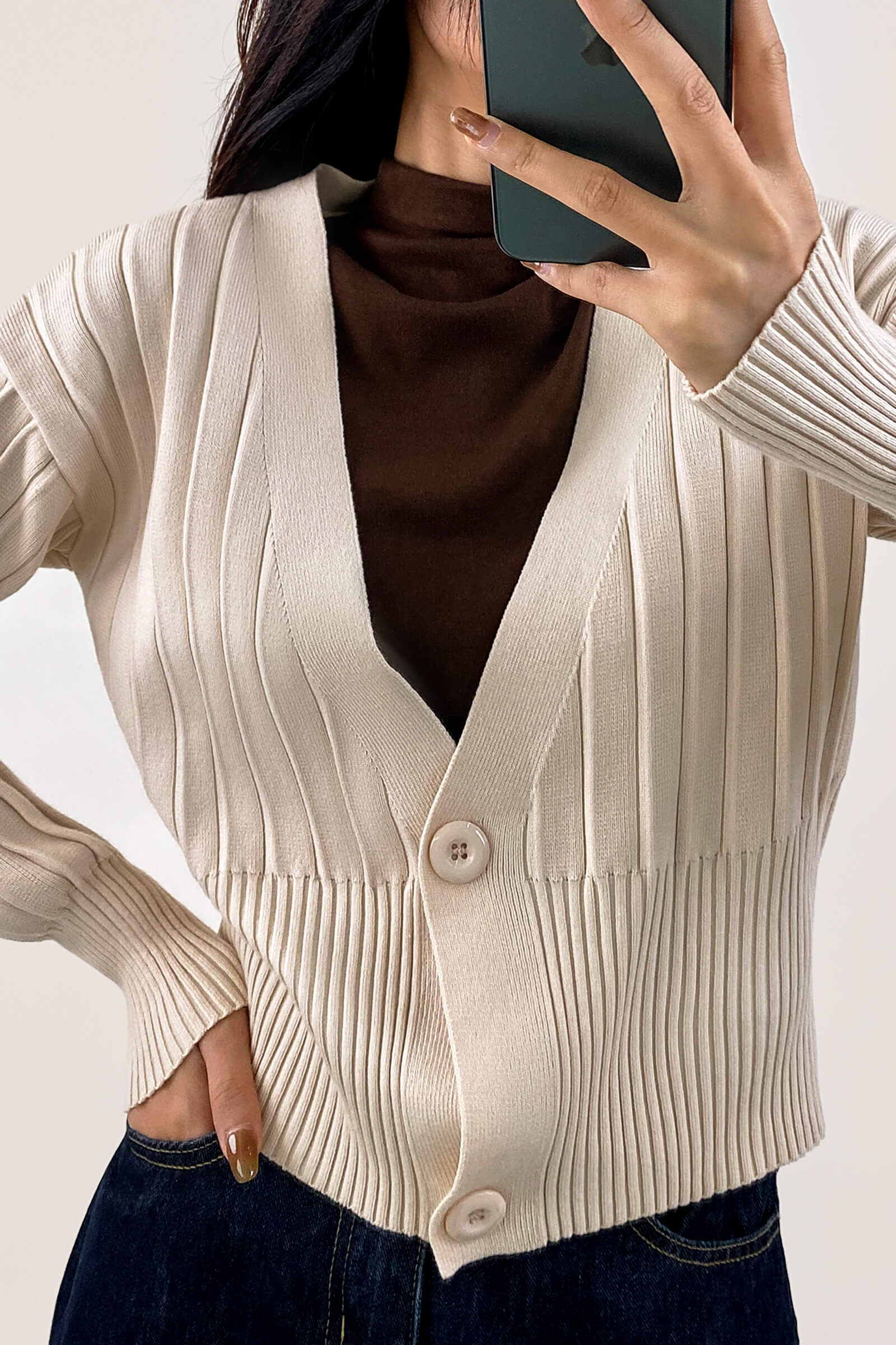 Old Lace Plunge V-Neck Ribbed Knit Cardigan