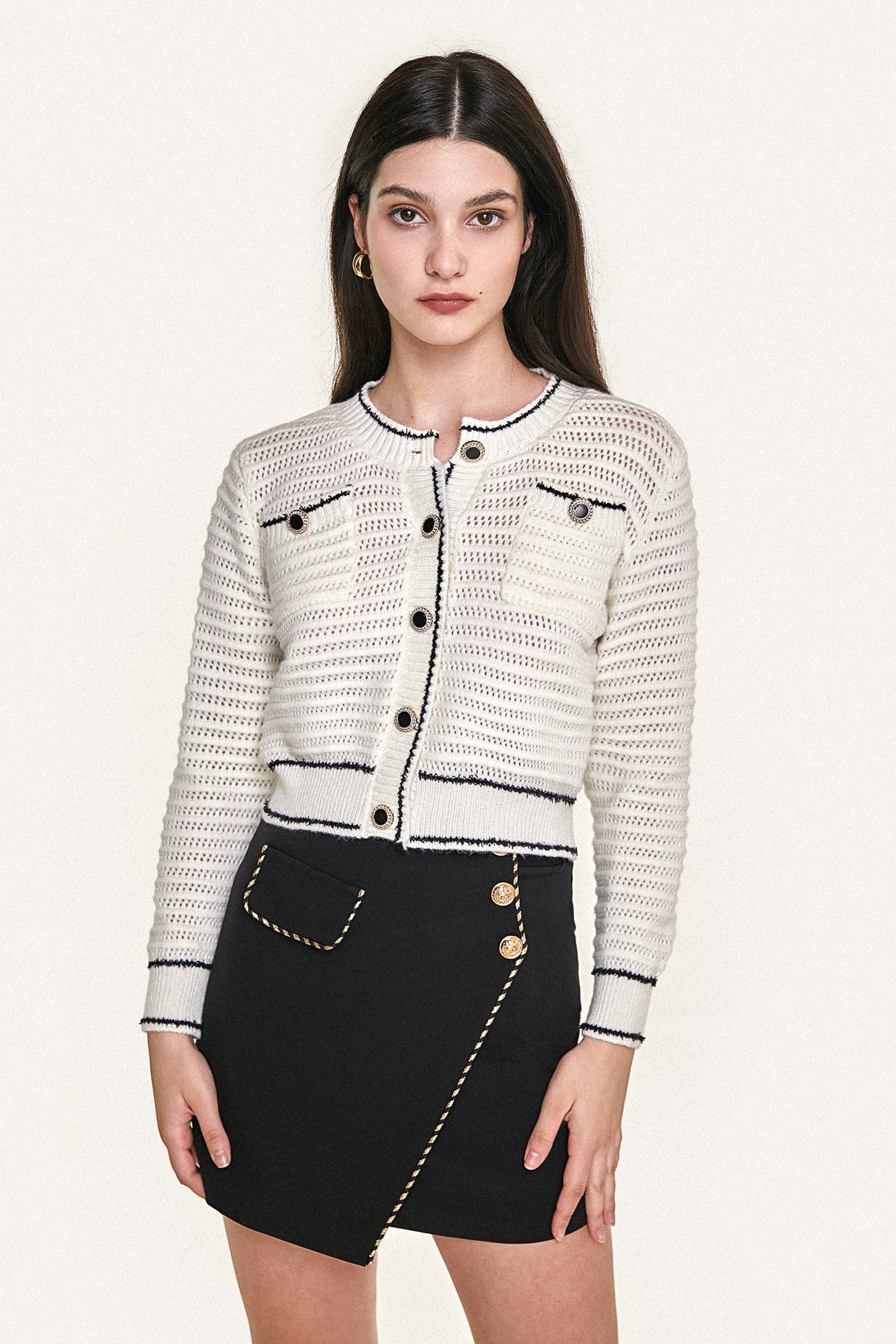 White Contrast Trim Button-Up Pointelle-Knit Cardigan