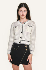 White Contrast Trim Button-Up Pointelle-Knit Cardigan