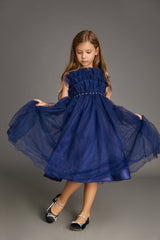 Kids Girls Midnight Blue Strapless Ruffled Pearl-Embellished Tulle Maxi Party Dress