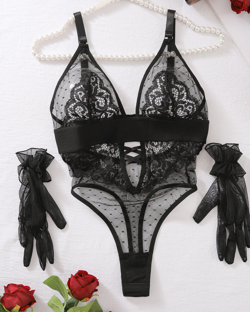 Polka Dot Lace Stitching Low-Cut Bodysuit