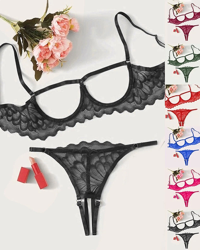 Lace Hollow Anti-Sagging Bra and Crotchless Thong Set