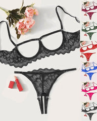 Lace Hollow Anti-Sagging Bra and Crotchless Thong Set