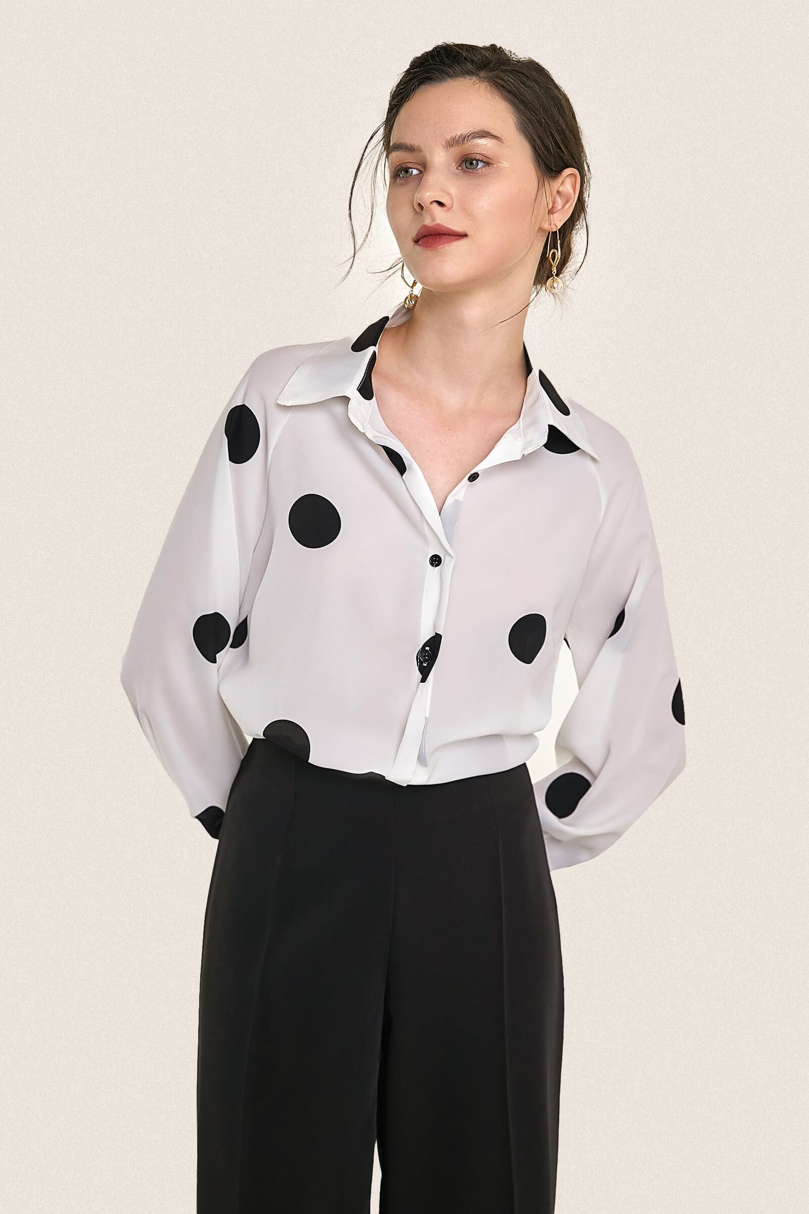 Ivory Polka Dot Balloon Sleeve Button-Up Chiffon Shirt