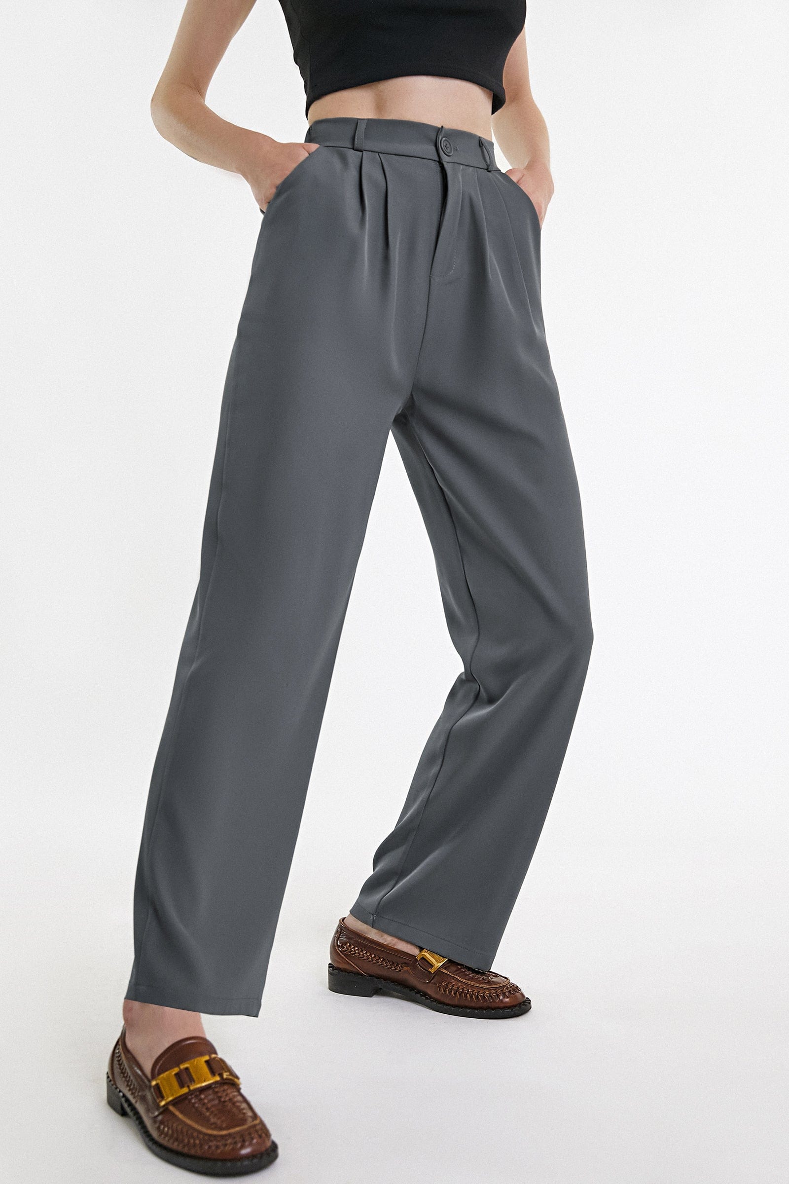 Dim Grey Half Elastic Pleat Detail Wide Leg Suit Pants