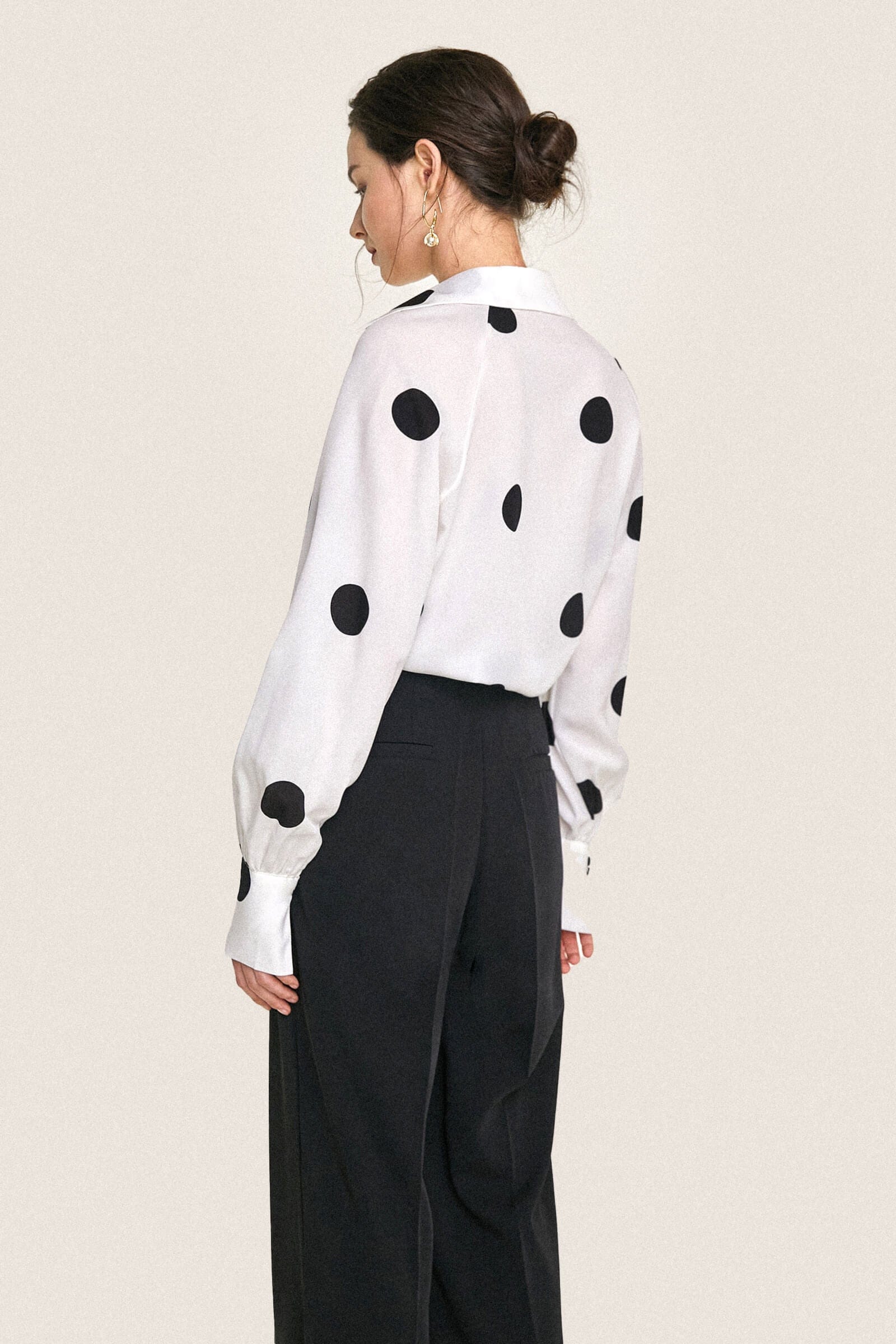 Ivory Polka Dot Balloon Sleeve Button-Up Chiffon Shirt