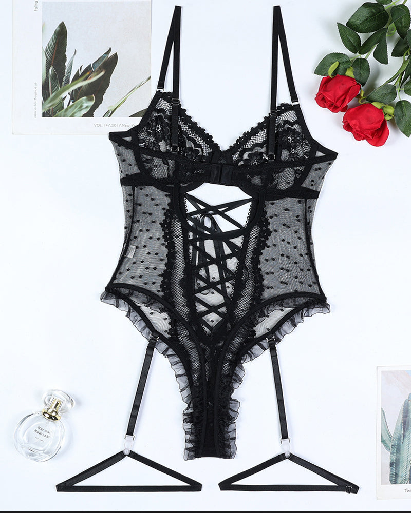 Floral Polka Dot Lace Sheer Mesh Cutout Camisole Bodysuit Lingerie