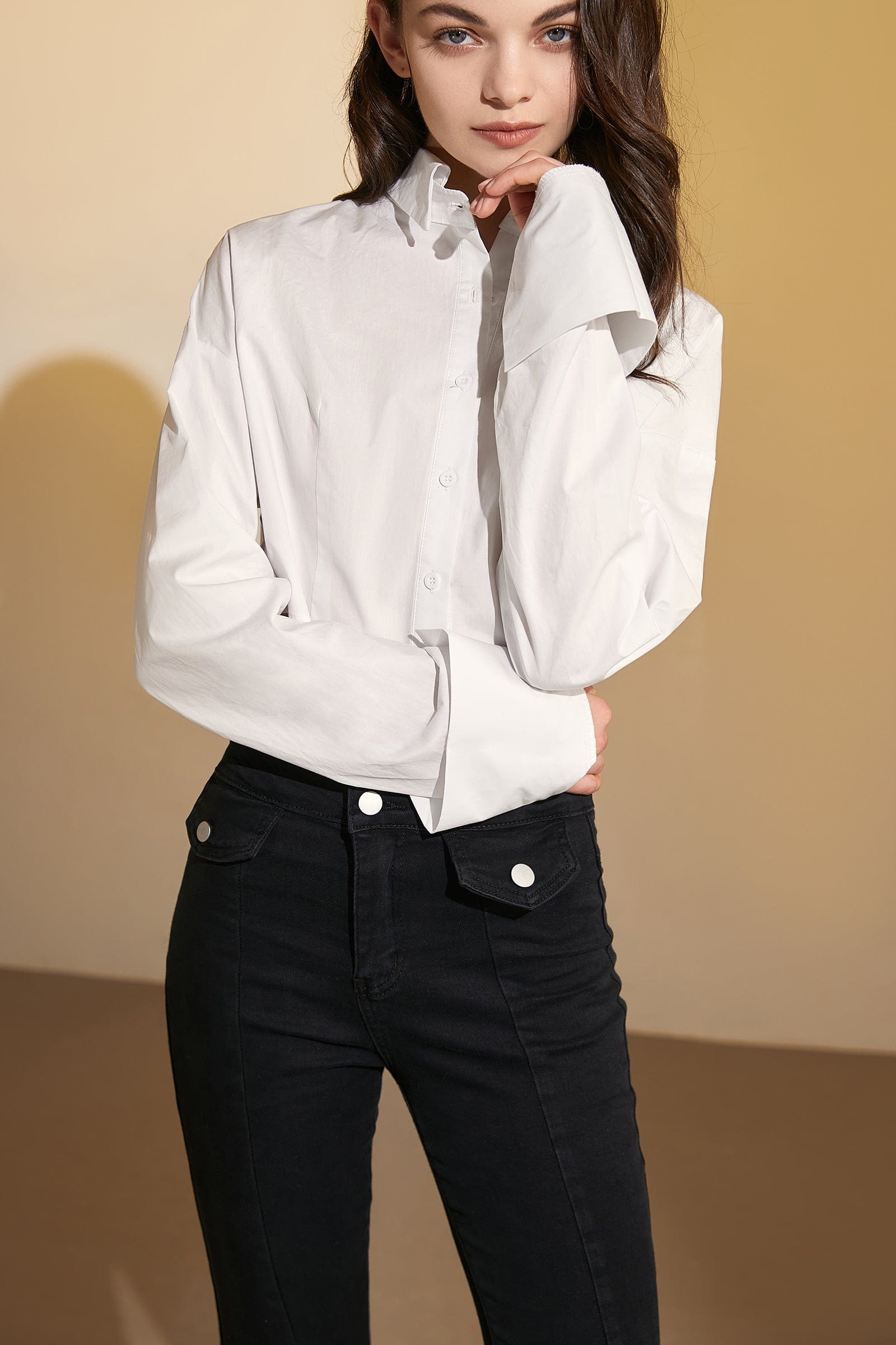 White Cropped Button-Up Lapel Collar Shirt