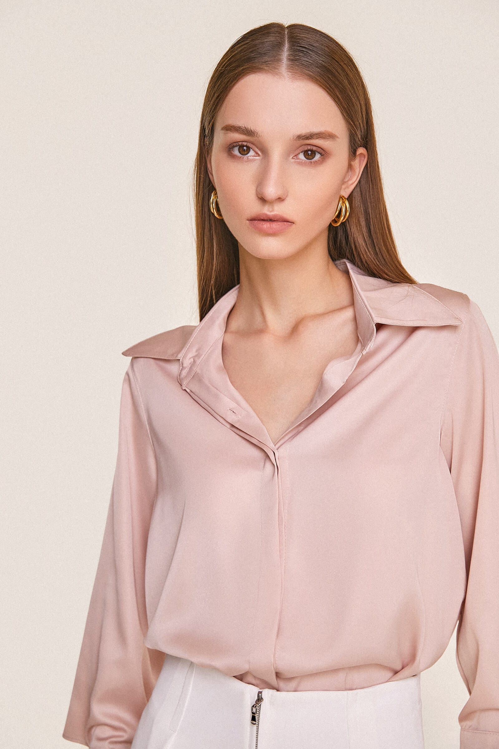 Pink Button-Up Satin Work Shirt