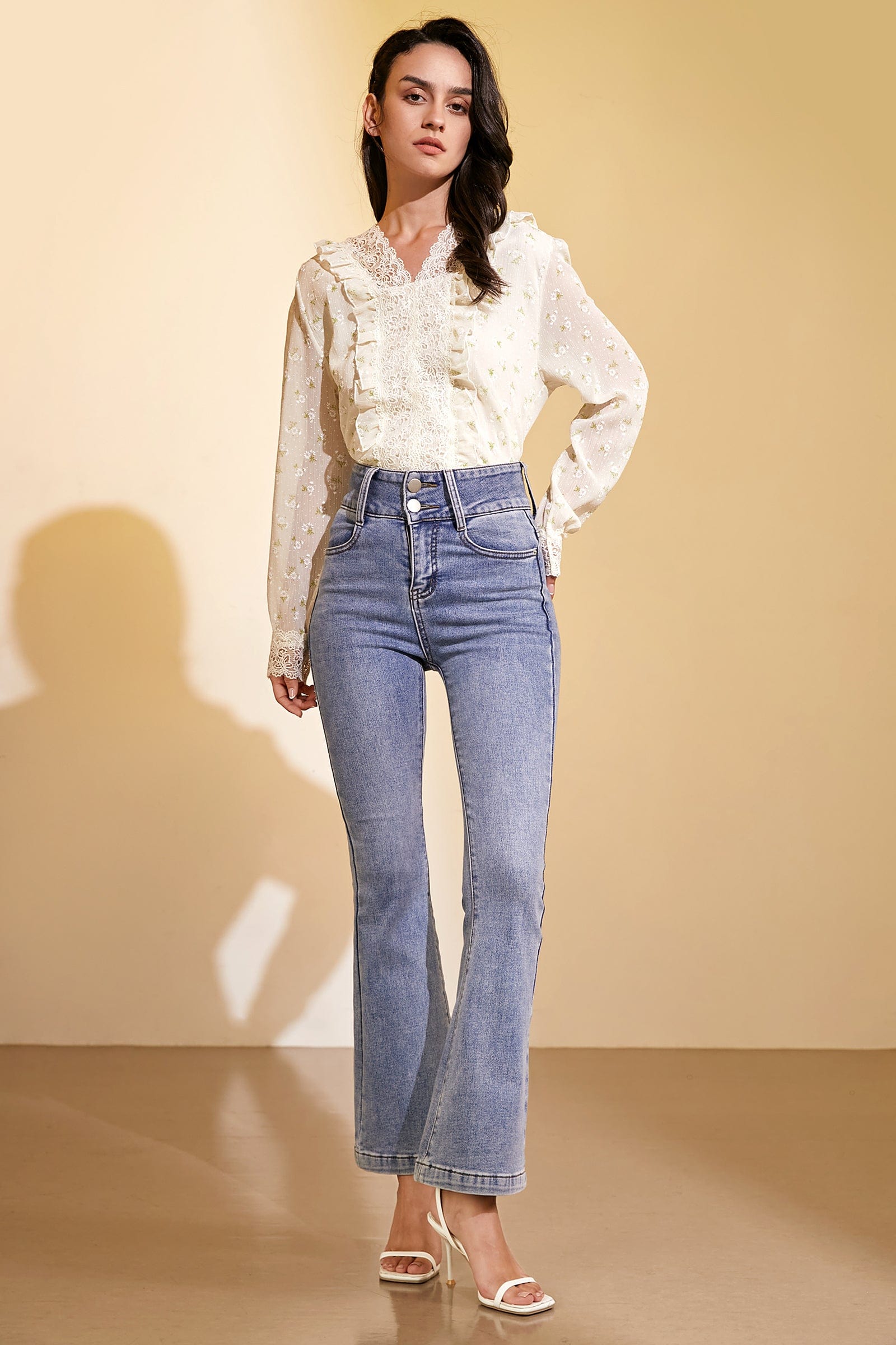 Ivory Floral Print Lace-Detail Chiffon Blouse