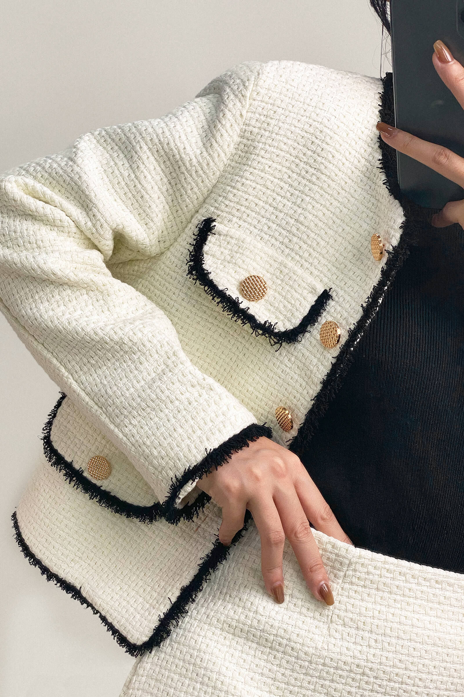 White Contrast Frayed Trim Tweed Jacket & Mini Skirt Two-Piece Set