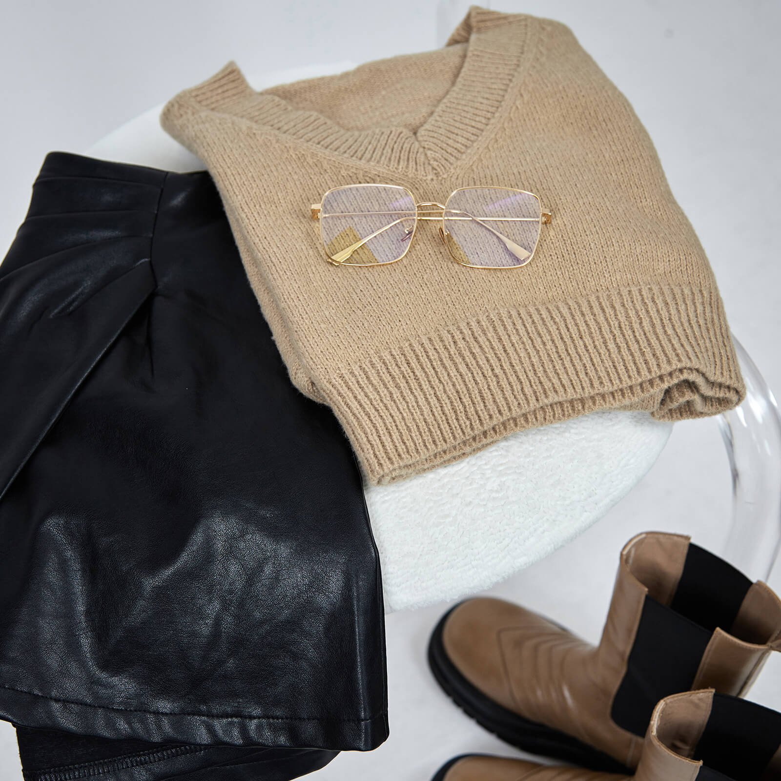 Tan V-Neck Ribbed Trim Cropped Sweater