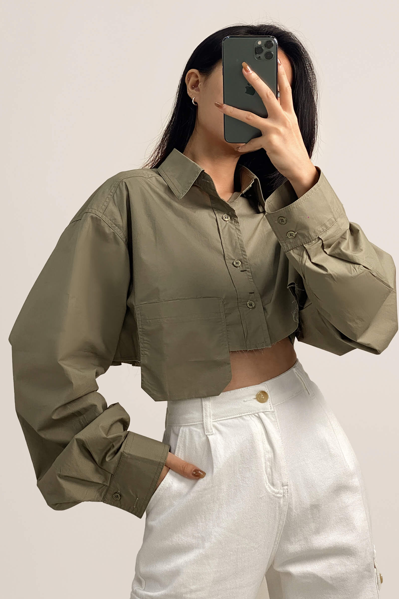 Dark Khaki Pocket Detail Cropped Shirt