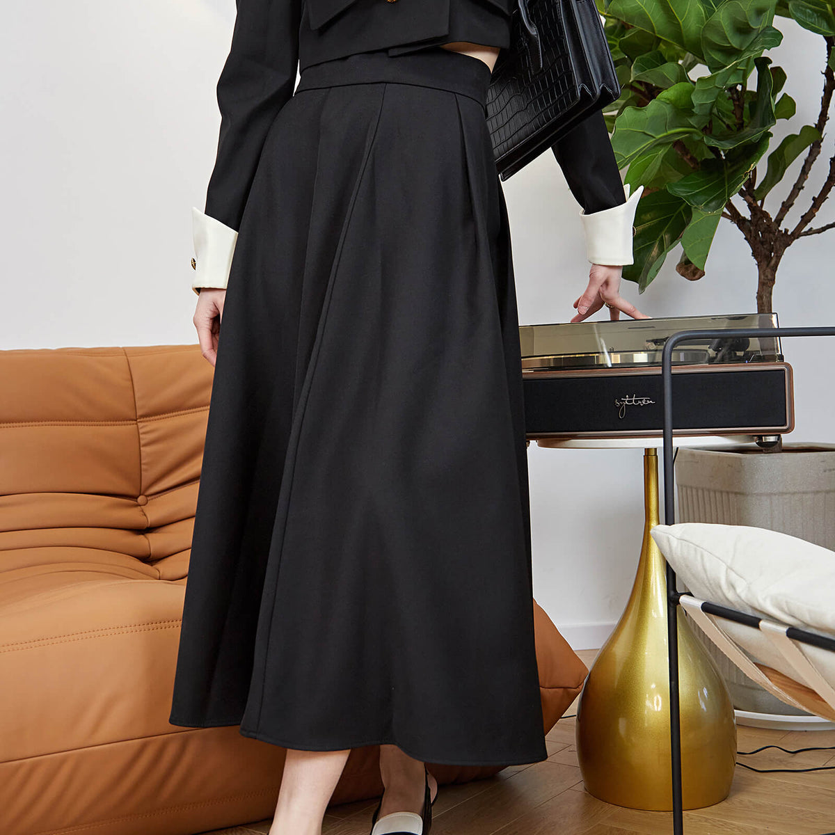 Black High-Waisted A Line Midi Skirt