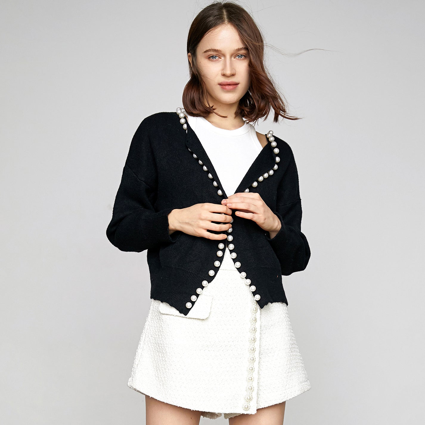 Willie Black Faux Pearl Decor Cardigan