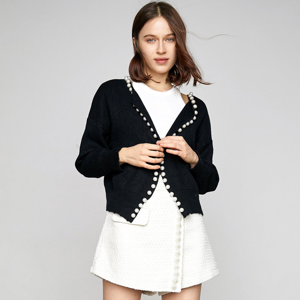 Willie Black Faux Pearl Decor Cardigan