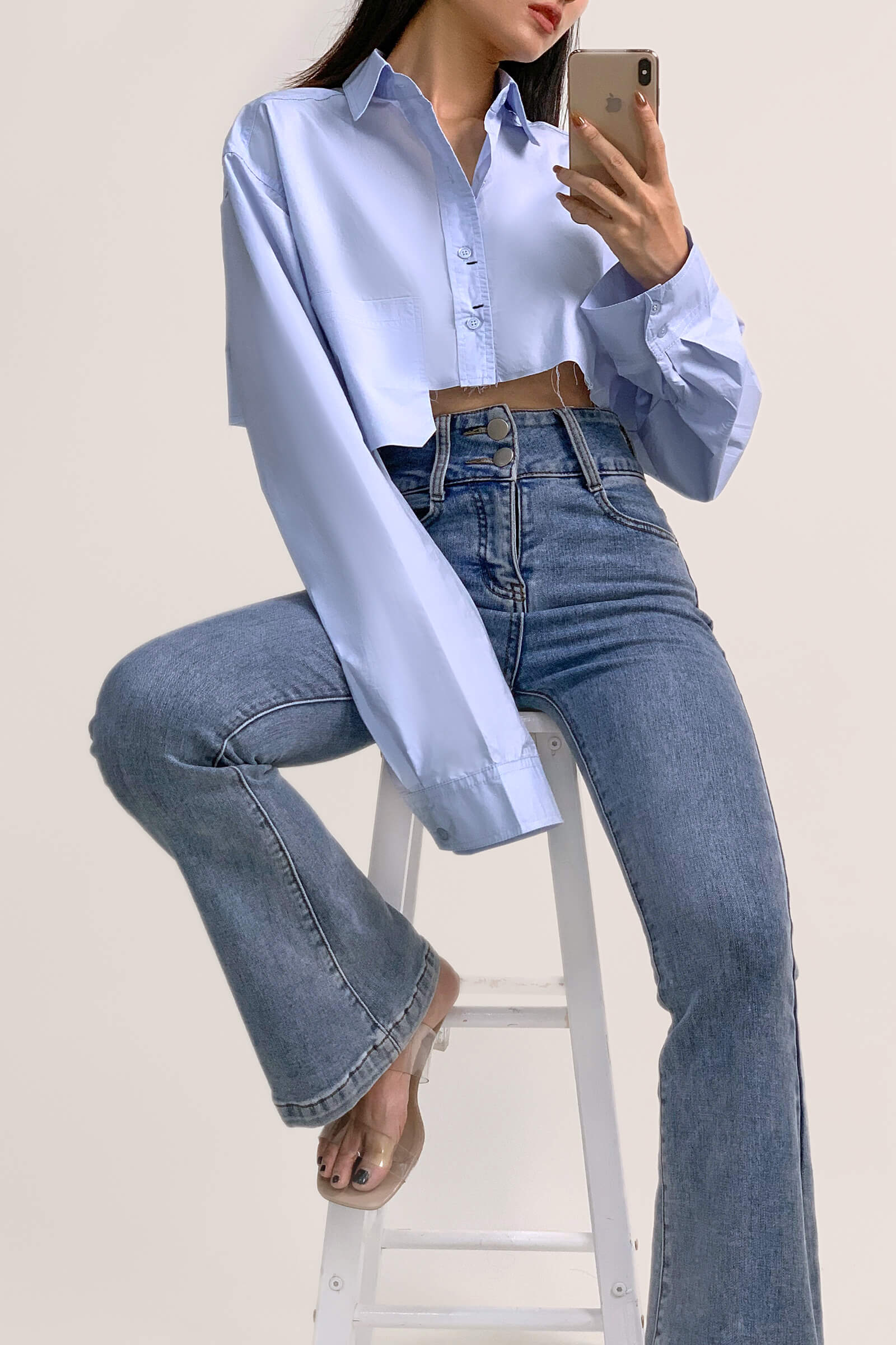 Light Blue Pocket Detail Cropped Shirt