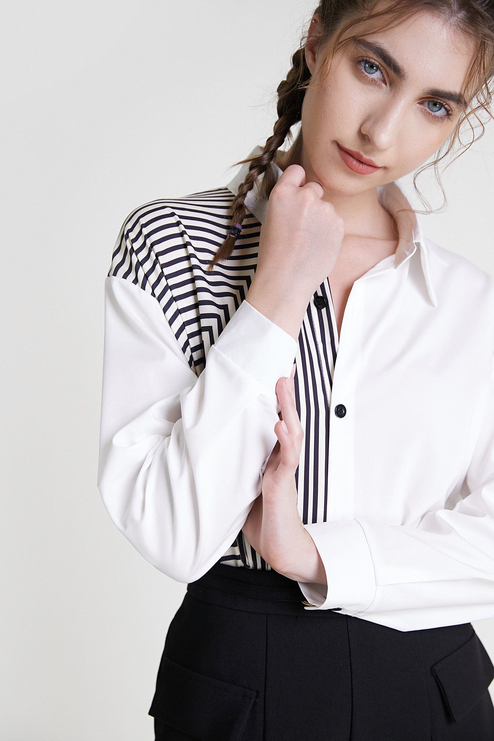 White Stripe Contrast Button Front Shirt