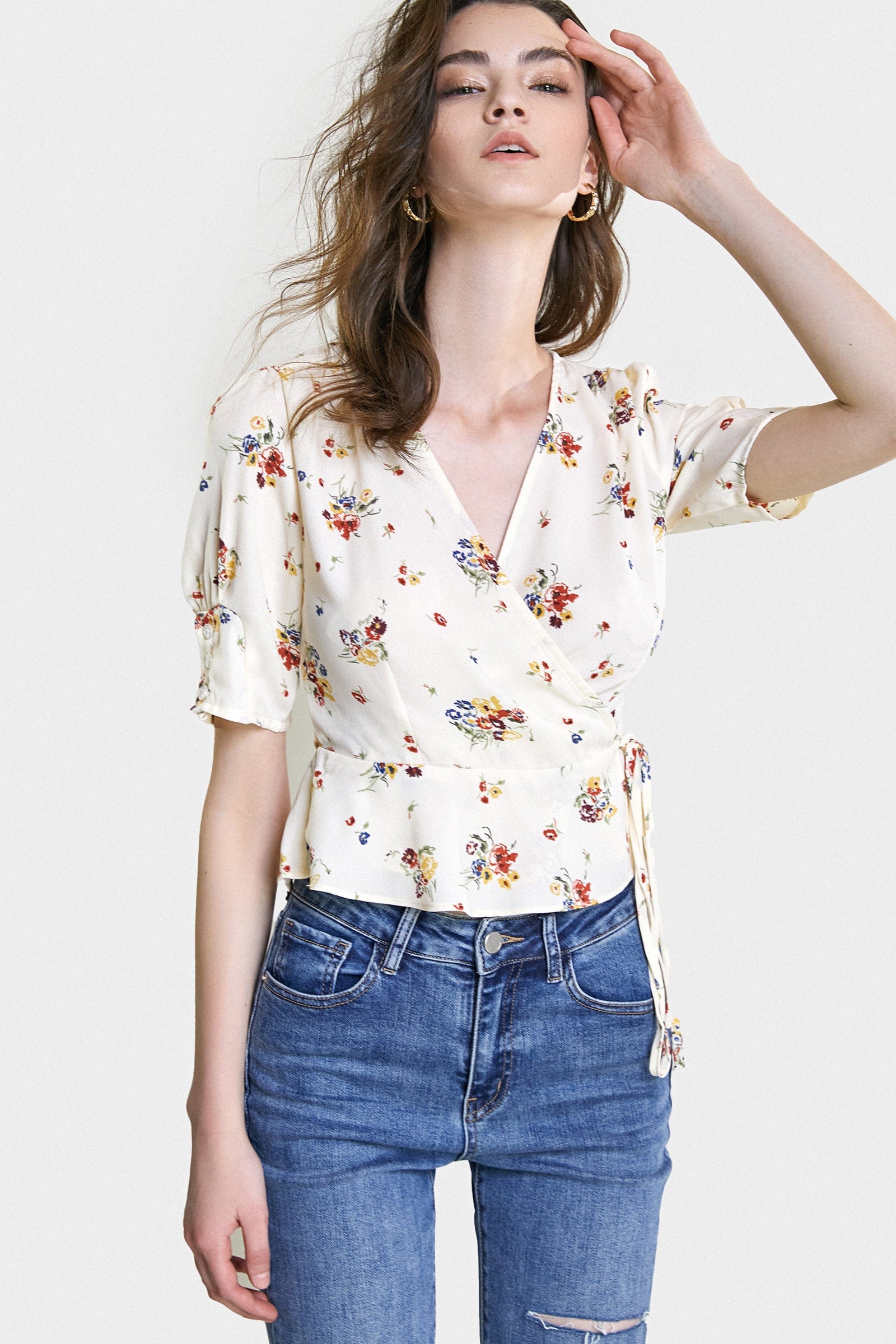 Ivory Floral Print Surplice V-Neck Tie Detail Blouse