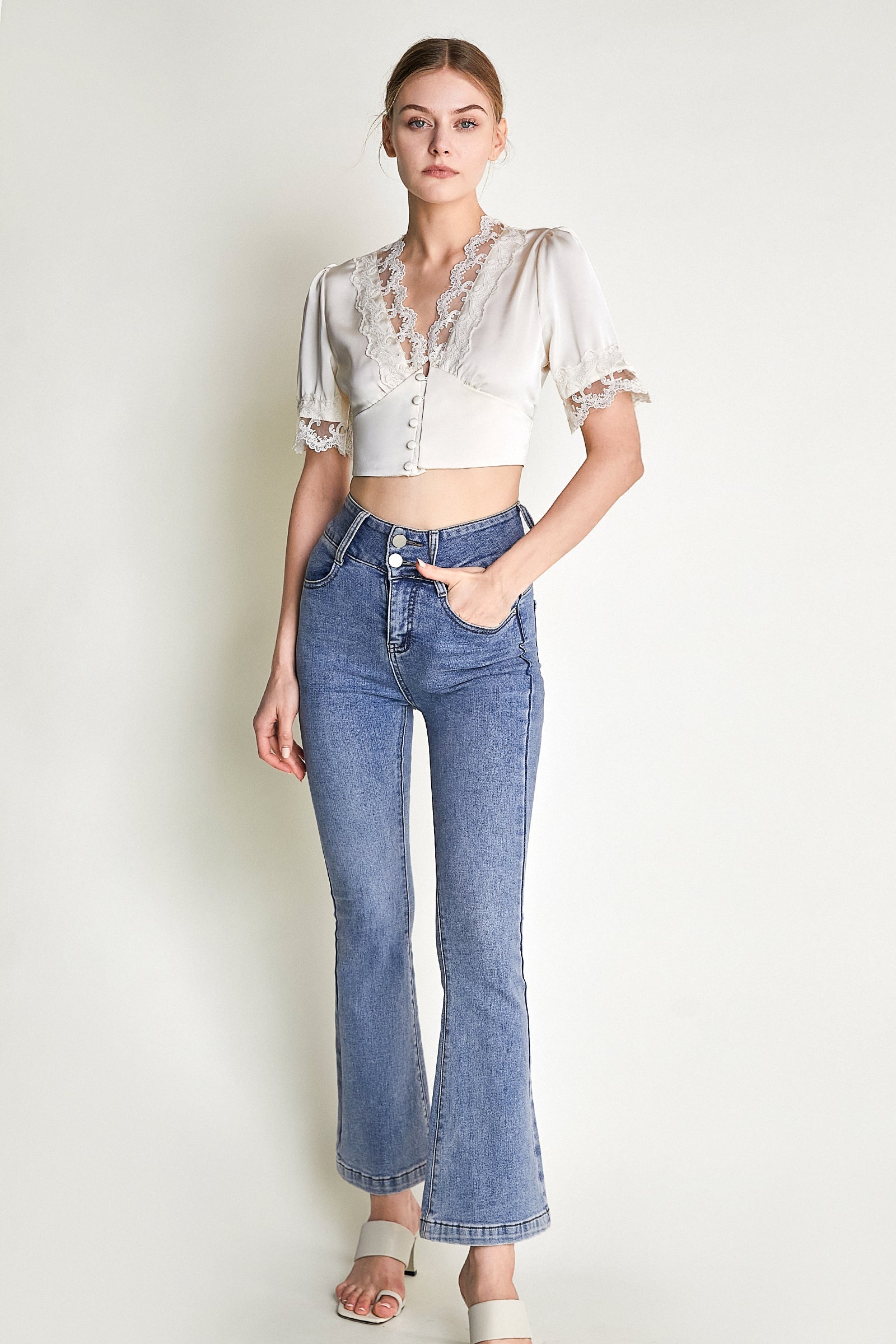 Ivory Satin Scallop Lace Puff Sleeve Crop Top