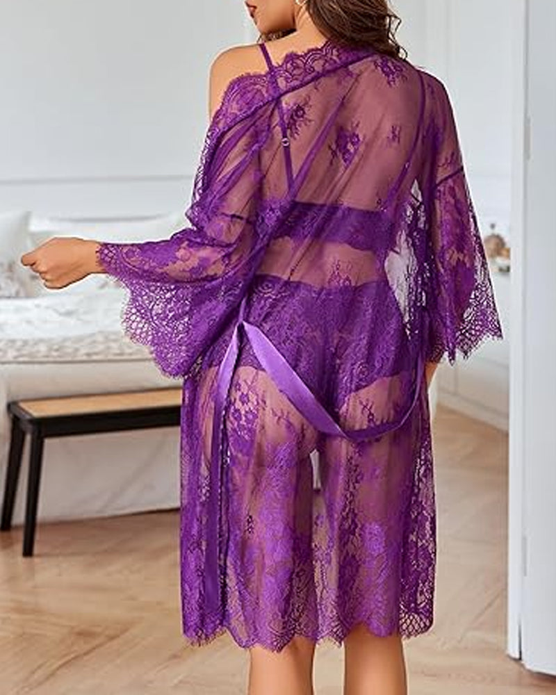Women's Lace Bra Panties and Mesh Nightgown 3-Piece Set