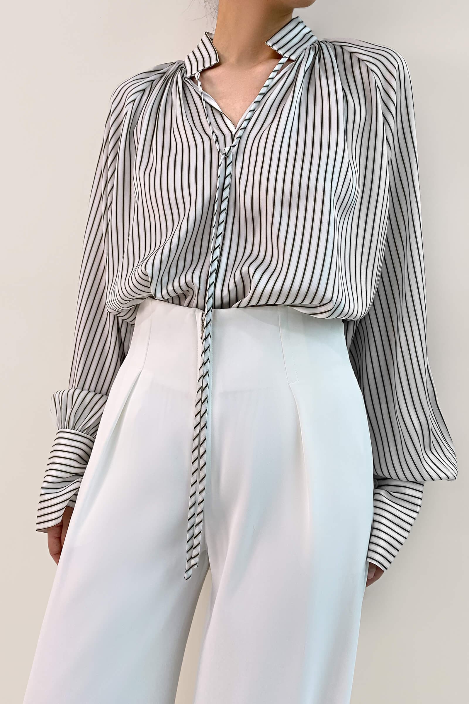 White High Neck Tie Detail Striped Blouse