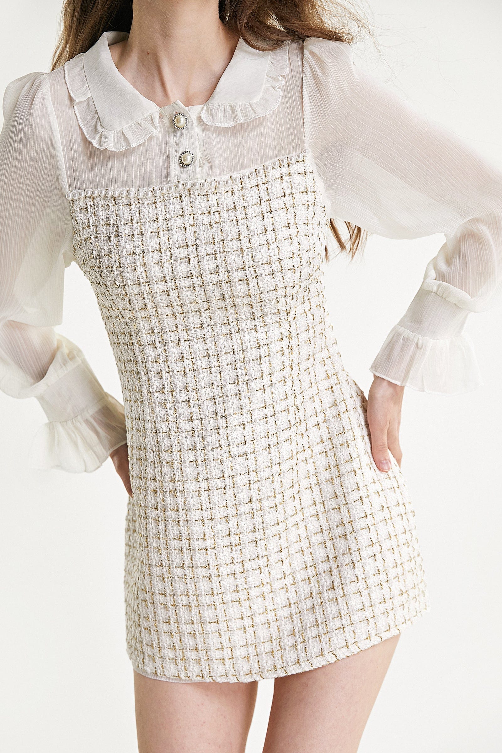 White Mesh Yoke Tweed Mini Dress