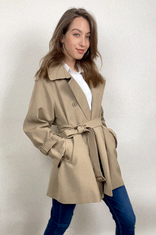 Khaki Double-Breasted Belted Short Trench Coat