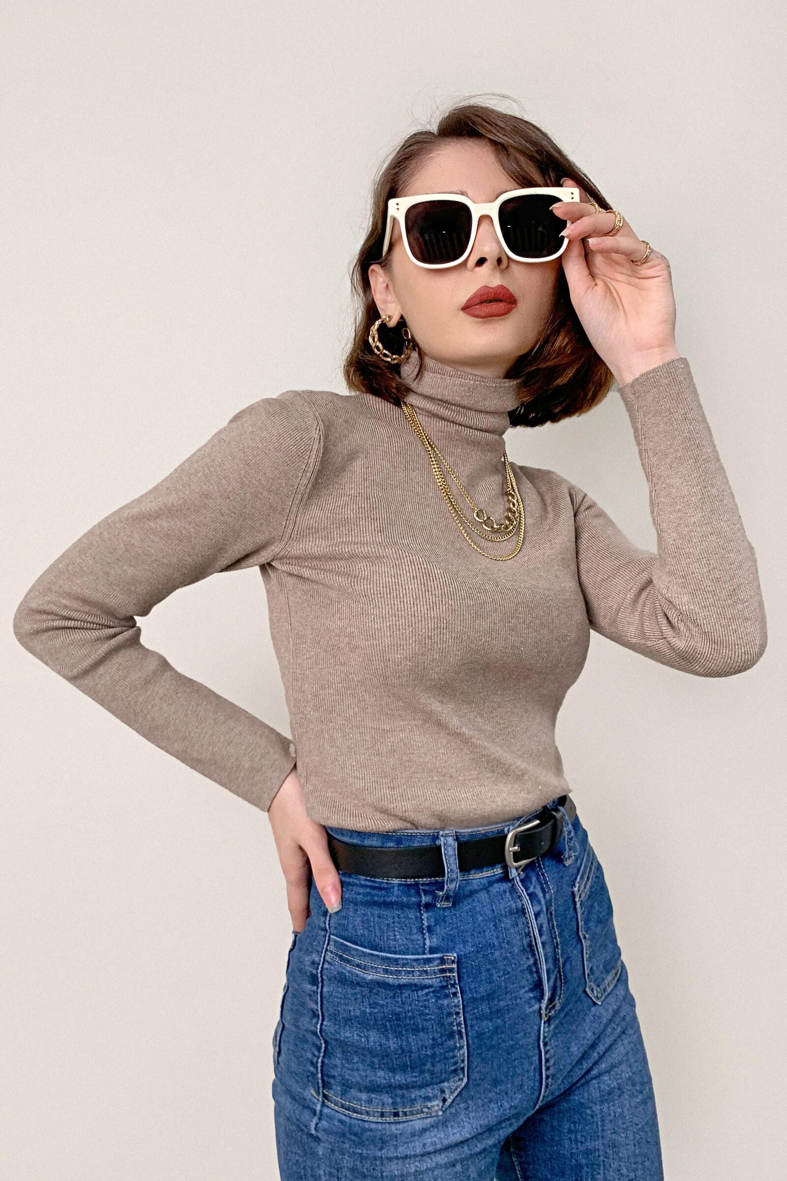 Tan Slim Fit Turtleneck Sweater