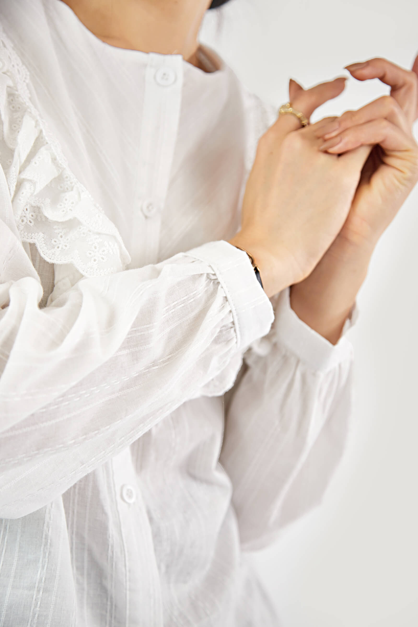 White Crew Neck Lace-Trim Pantern Sleeve Blouse