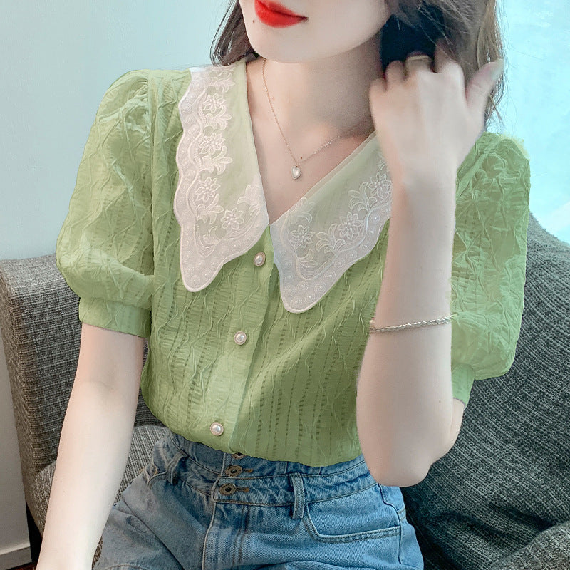 Wellesley Lace Vintage Neck Green Blouse