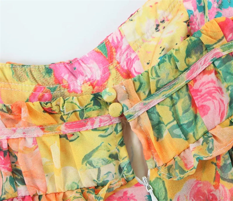 Multi-Coloured Floral Ruffle Bodice Detailing Mini Dress