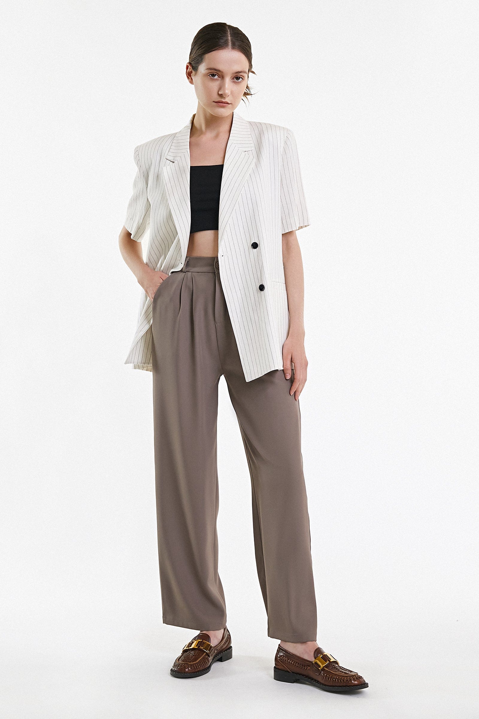 Tan Half Elastic Pleat Detail Wide Leg Suit Pants