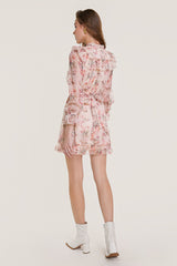 Pink Floral Print Long Sleeve Ruffled Tie Neck Chiffon Mini Dress