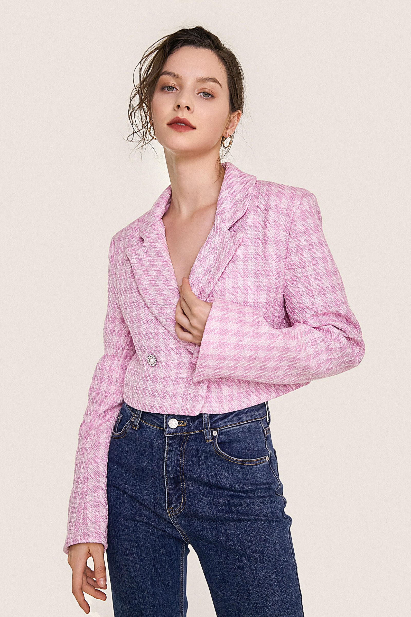 Pink Textured Houndstooth Double-Breasted Cropped Blazer