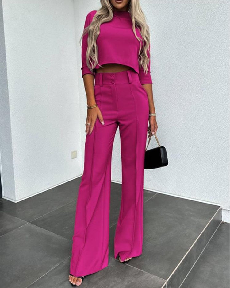 Fashionable solid color high waisted straight pants suit