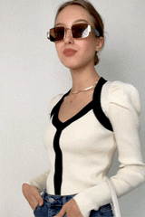 Ivory Ribbed Contrast Trim Sweater