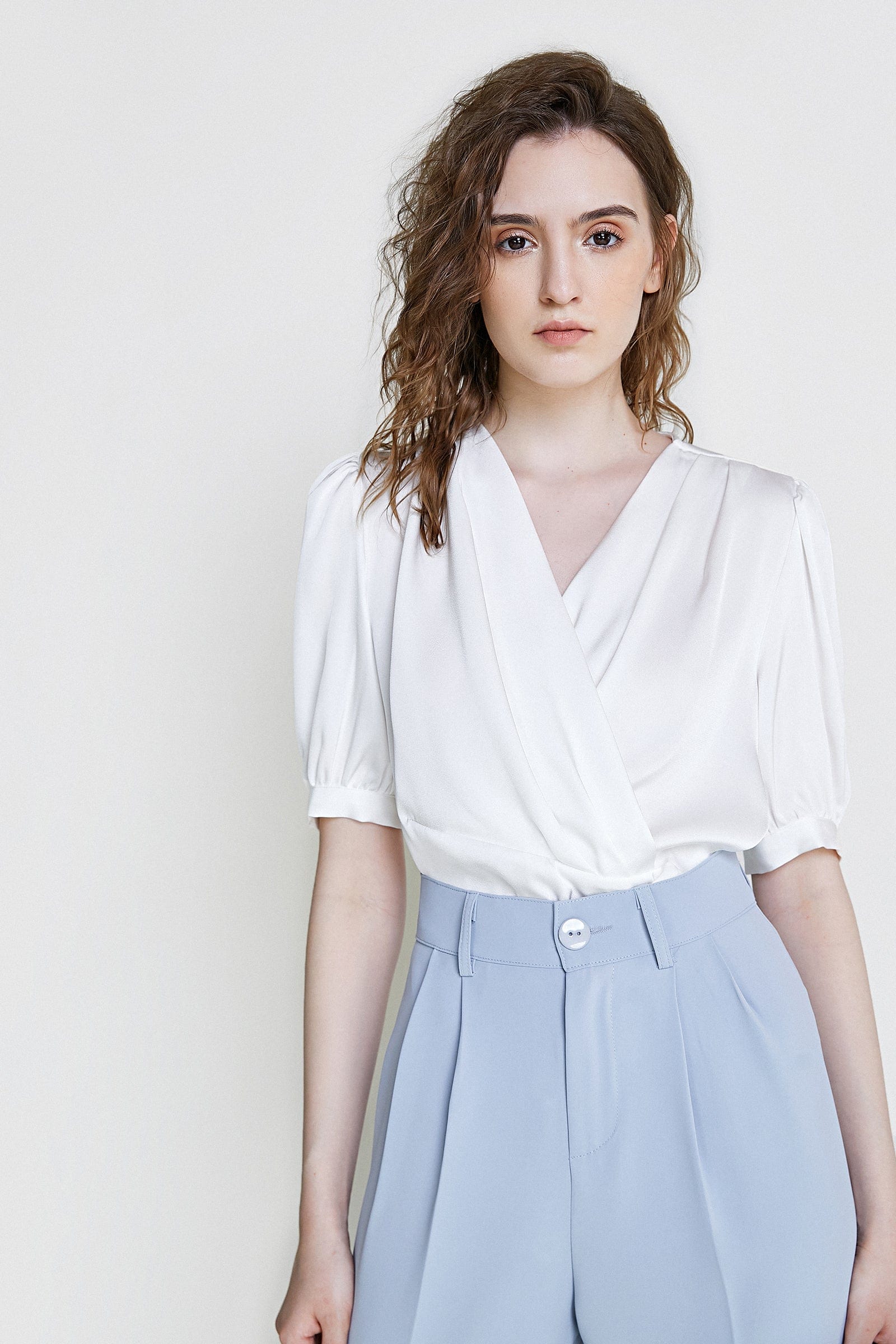 White Surplice Neck Ruched Blouse