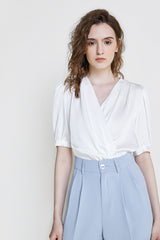 White Surplice Neck Ruched Blouse