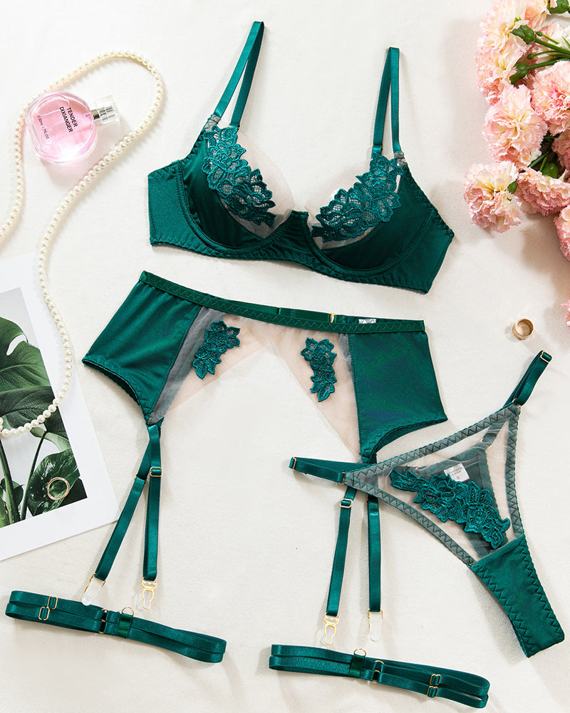 See-through Mesh Floral Embroidery Patchwork Push-up Bra and Thong Lingerie Set