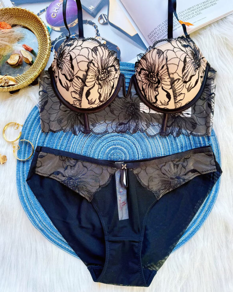 Mesh Lace Floral Embroidered Underwire Bra And Panty Set