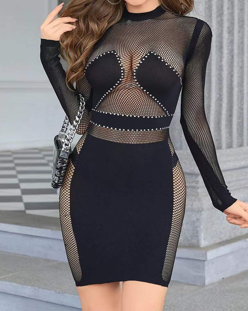 Round Neck Long Sleeve Slim Fit Hollow-out Bodycon Dress