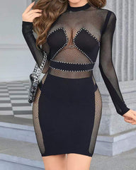 Round Neck Long Sleeve Slim Fit Hollow-out Bodycon Dress