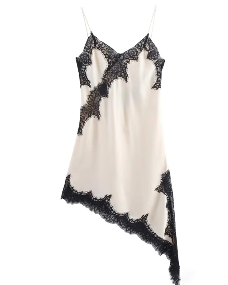 V-neck Ice Silk Lace Patchwork Asymmetrical Casual Suspender Mini Dress