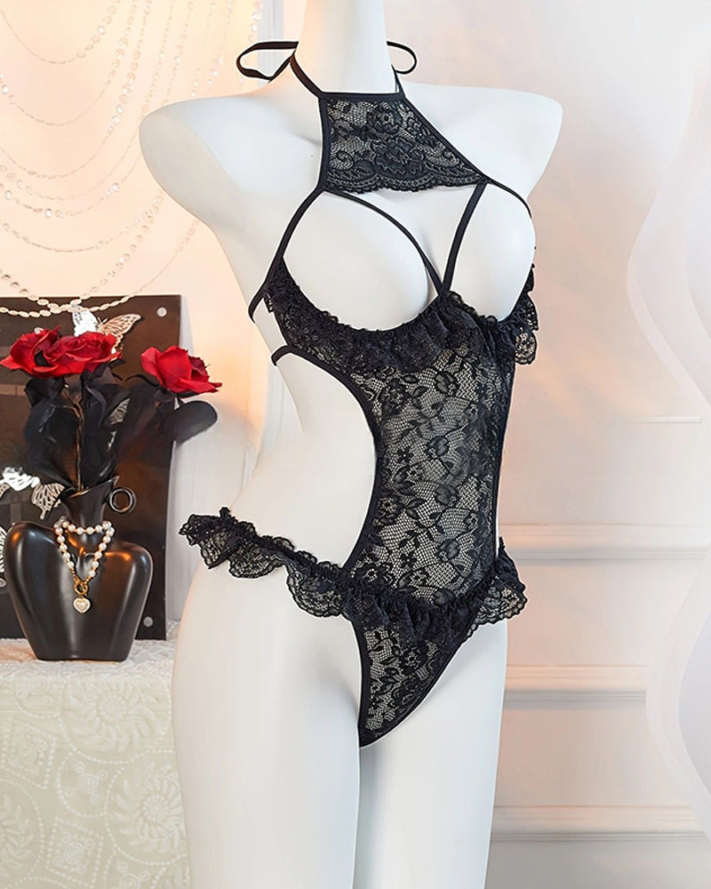 Halter Neck Floral Lace See-through Cutout Bust Bodysuit Lingerie