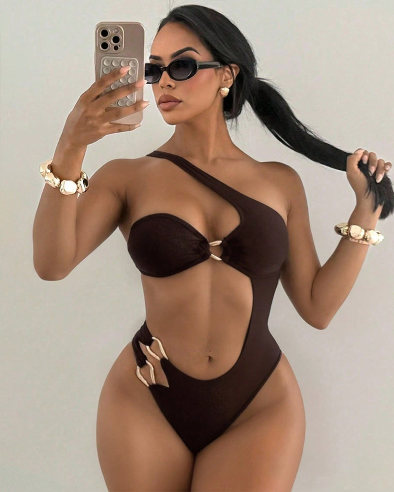 Off-shoulder Cutout Backless Solid Color One-piece Swimsuit