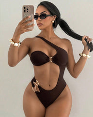 Off-shoulder Cutout Backless Solid Color One-piece Swimsuit