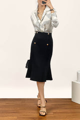 Black High-Rise Ruffle Midi Skirt